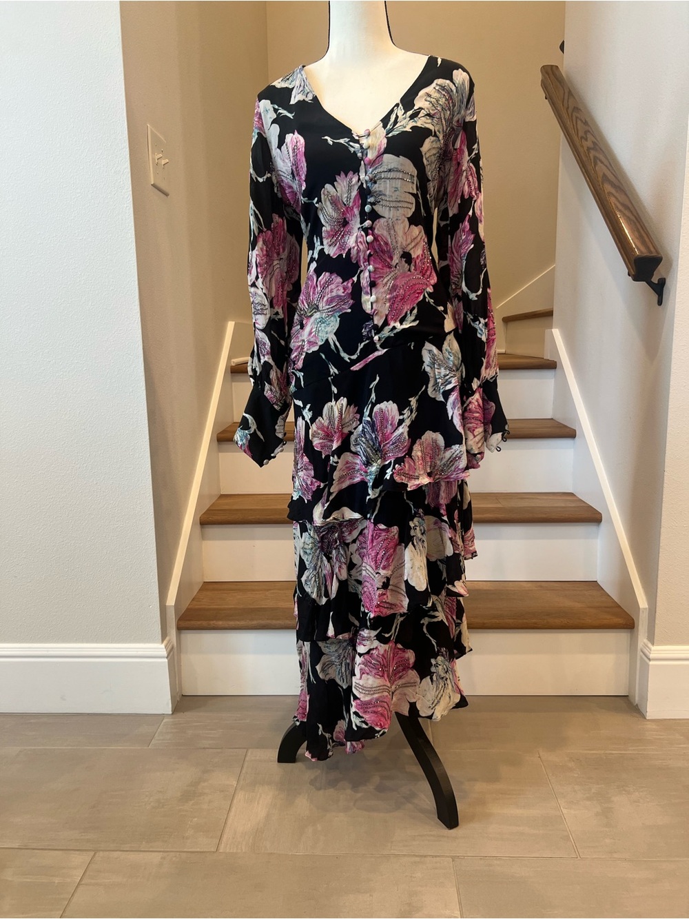 The Kooples Black Maxi Dress with Pink & Cream Floral Print embroider Size XL